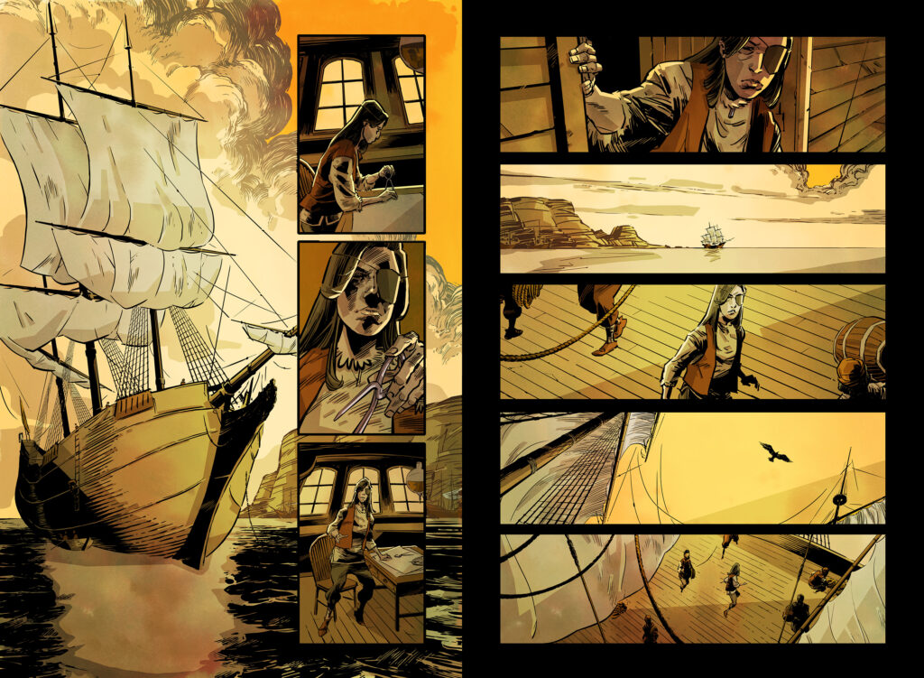 page from Morgan A. Drake upcoming comic, 'Dead Reckokning. Illustrated by Sam Hart, part of the Parallel Truths anthology, a Kickstarter Exclusive featuring Andy Weir, Tony Lee and many other amazing artists