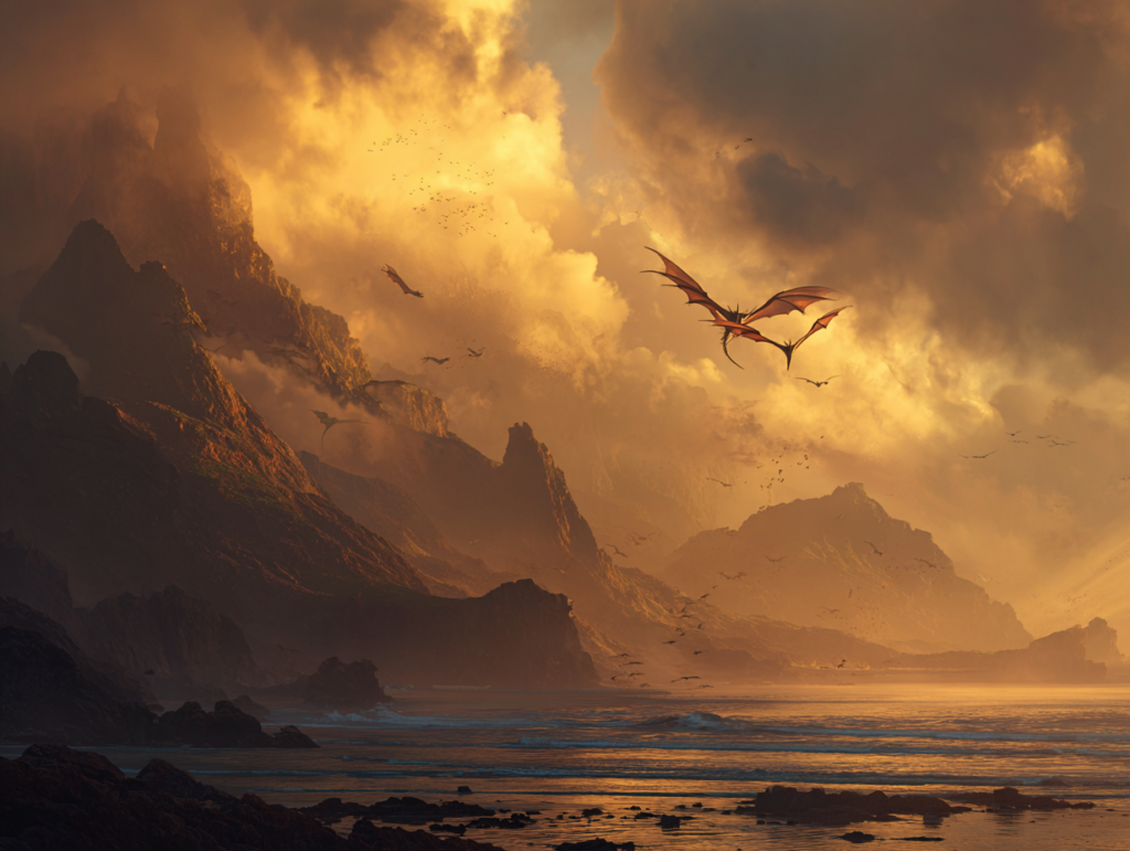 Dragons flying over a fantastical landscape, showcasing the maritime and mountainous environment of Morgan A. Drake's world of Dimidium.