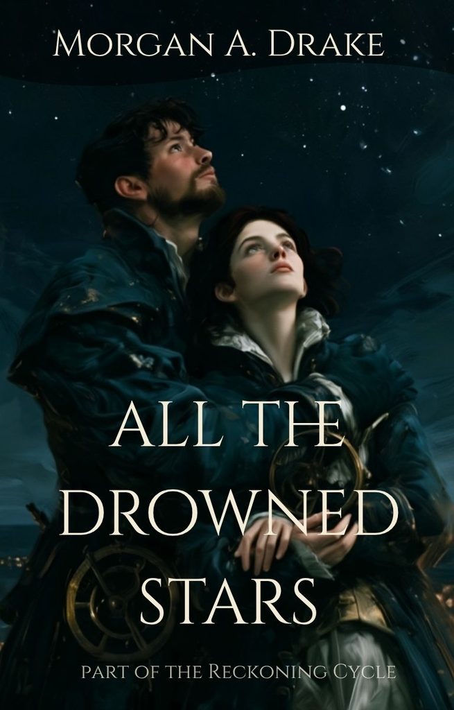 Ebook cover for 'All the Drowned Stars' by Morgan A. Drake. Two embracing figures observe the night sky from a ship's deck.